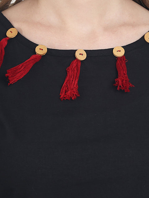 Nayo Black cotton sleeveless kurta with red printed skirt