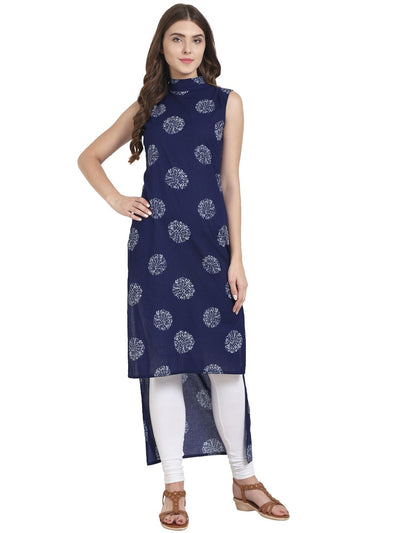 Nayo Women Navy Blue printed sleeveless cotton high low kurta