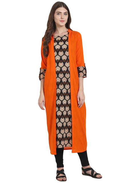 Nayo Brown printed cotton kurta with 3/4th sleeve orange long jacket