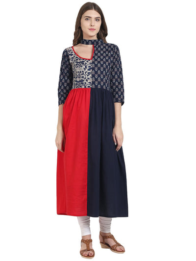 Nayo Women Navy blue & red cotton Anarkali kurta with printed Yoke