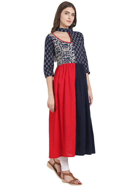Nayo Navy blue & red cotton Anarkali kurta with printed Yoke