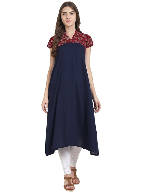 Nayo Women Navy blue cap sleeve cotton A-line kurta