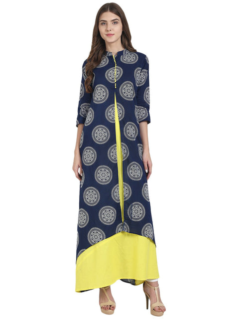 Nayo Women Navy blue 3/4th sleeve cotton kurta with yellow inner kurta