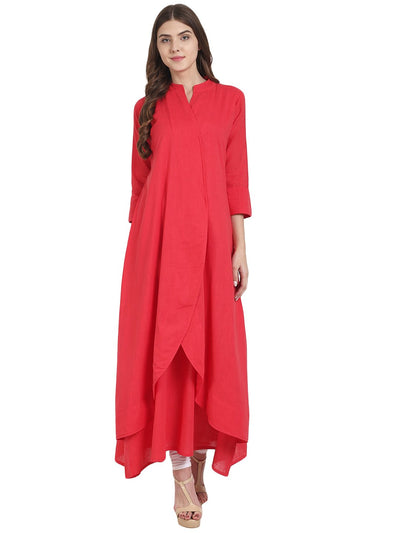 Nayo Women Red 3/4th sleeve double layer A-line kurta
