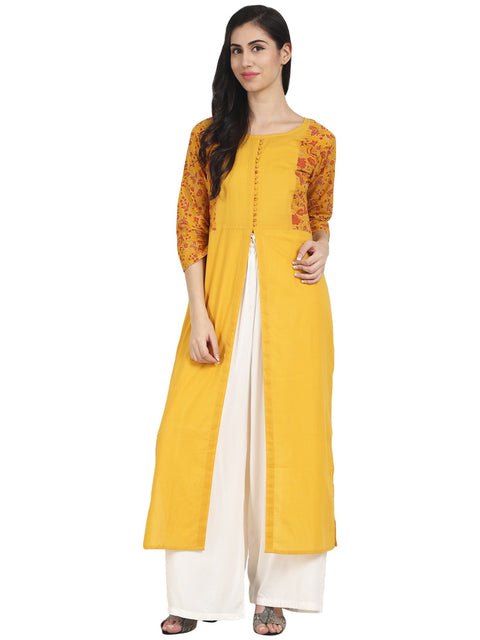 Nayo Women Mustard Yellow cotton 3/4th sleeve front slit kurta