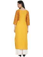 Nayo Mustard Yellow cotton 3/4th sleeve front slit kurta with block printed in yoke and border