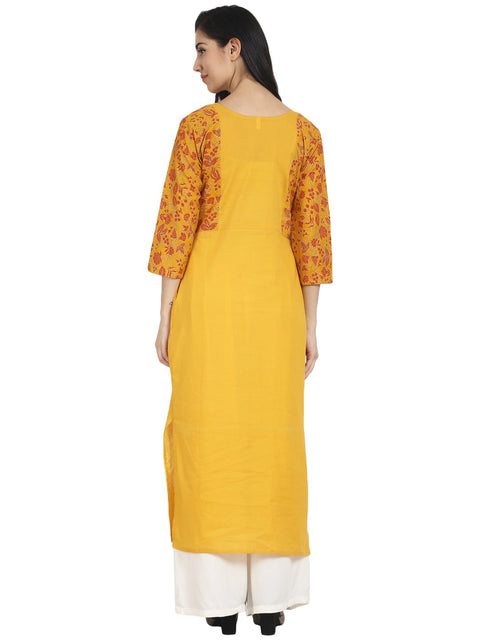 Nayo Mustard Yellow cotton 3/4th sleeve front slit kurta with block printed in yoke and border
