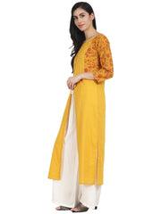 Nayo Mustard Yellow cotton 3/4th sleeve front slit kurta with block printed in yoke and border