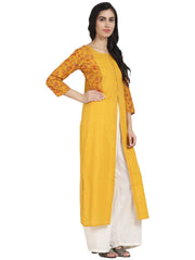 Nayo Mustard Yellow cotton 3/4th sleeve front slit kurta with block printed in yoke and border