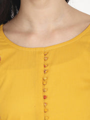 Nayo Mustard Yellow cotton 3/4th sleeve front slit kurta with block printed in yoke and border