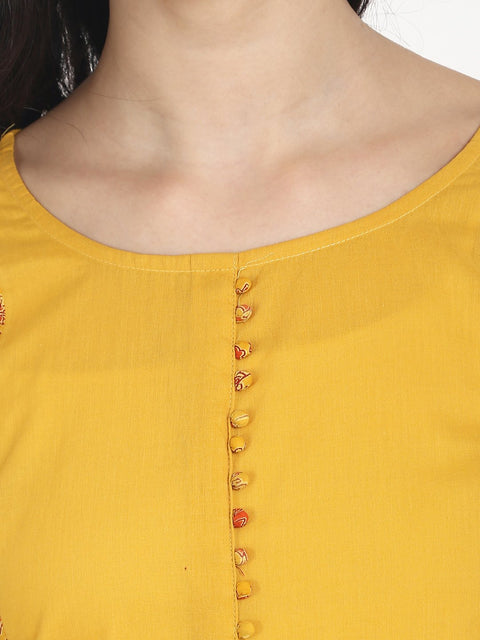 Nayo Mustard Yellow cotton 3/4th sleeve front slit kurta with block printed in yoke and border