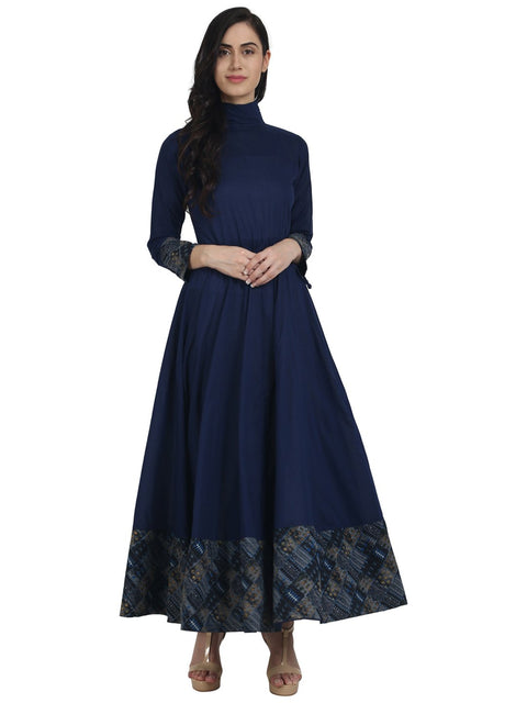 Nayo Women Navy blue full sleeve cotton floor length anarkali kurta with closed neck