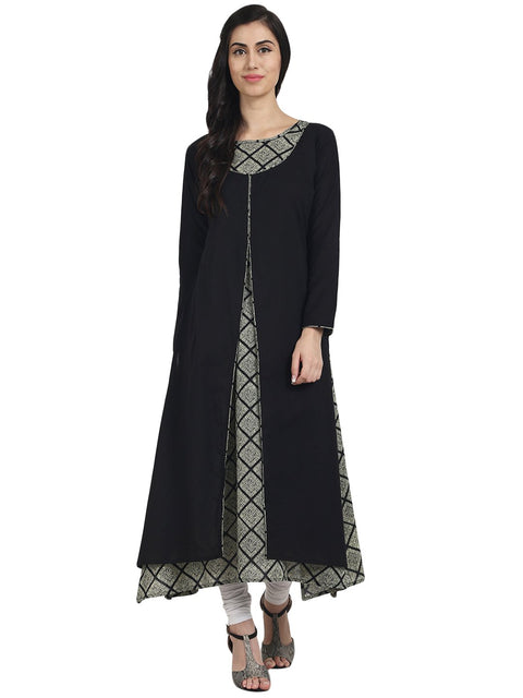 Nayo Women Black & Grey printed 3/4th sleeve cotton A-line double layer kurta