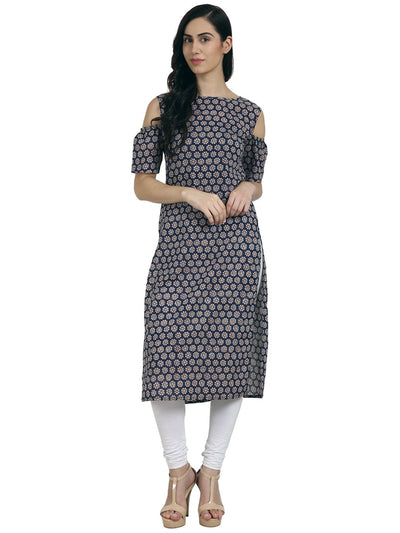 Nayo Women Blue printed cold shoulder half sleeve cotton kurta