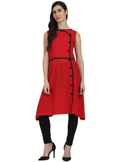 Red sleevless cotton A-line kurta