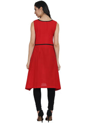 Red sleevless cotton A-line kurta