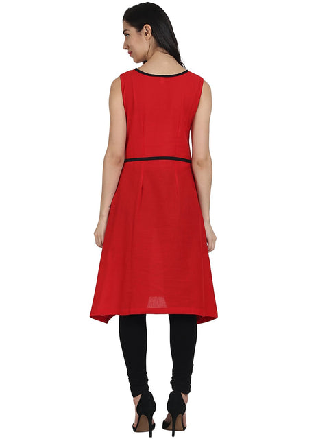Red sleevless cotton A-line kurta