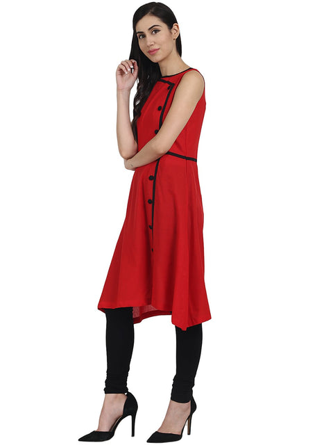 Red sleevless cotton A-line kurta