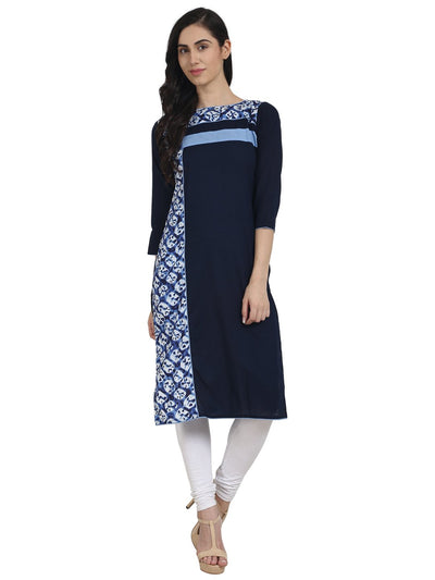 Nayo Women Navy Blue cotton 3/4th Sleeve A-line Kurta