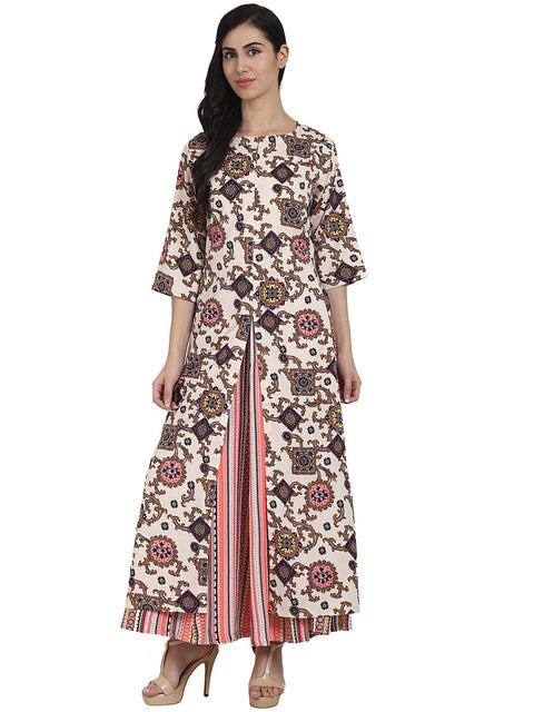 white printed 3/4th sleeve crepe A-line kurta with peach printed palazzo