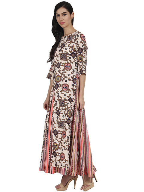 white printed 3/4th sleeve crepe A-line kurta with peach printed palazzo