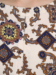 white printed 3/4th sleeve crepe A-line kurta with peach printed palazzo