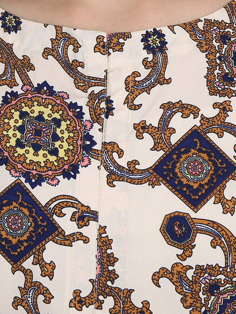 white printed 3/4th sleeve crepe A-line kurta with peach printed palazzo