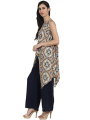 Blue printed crepe sleeveless assymetric kurta with navy blue palazzo