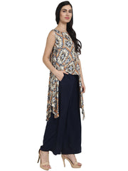 Blue printed crepe sleeveless assymetric kurta with navy blue palazzo