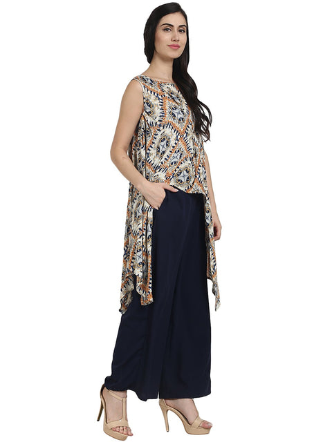 Blue printed crepe sleeveless assymetric kurta with navy blue palazzo