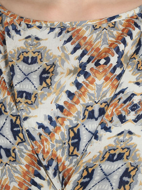 Blue printed crepe sleeveless assymetric kurta with navy blue palazzo