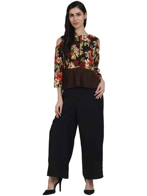 Black printed crepe cold shoulder 3/4th sleeve top with solid black palazzo having one side pocket