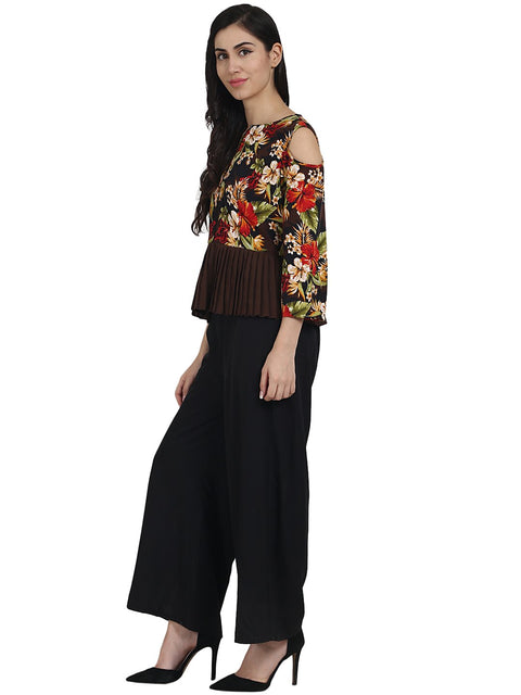 Black printed crepe cold shoulder 3/4th sleeve top with solid black palazzo having one side pocket
