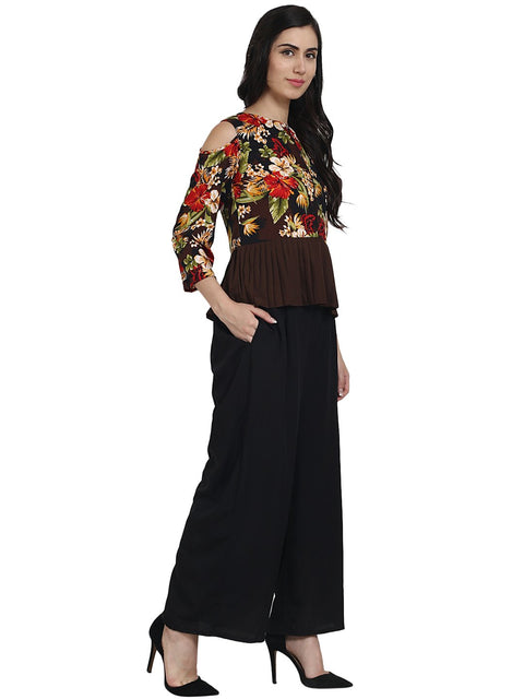 Black printed crepe cold shoulder 3/4th sleeve top with solid black palazzo having one side pocket