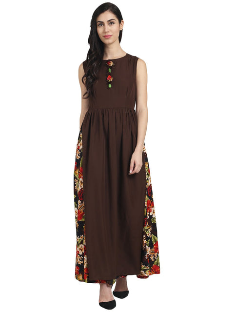 Nayo Brown printed crepe sleeveless anarkali kurta with coffee brown layer at front