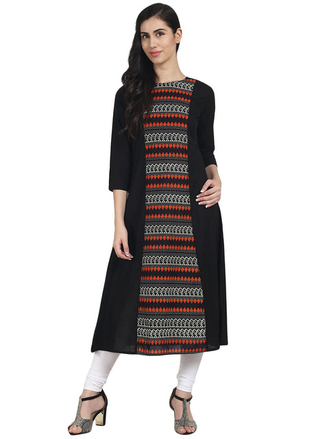 Nayo Black printed 3/4th Sleeve long Cotton Kurta