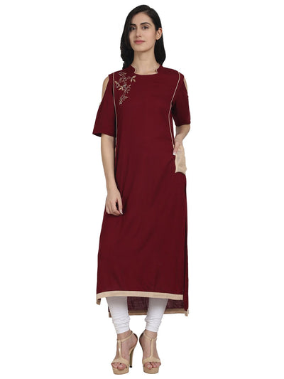 Nayo Women Maroon cotton cold shoulder half sleeve low high kurta with embridery work