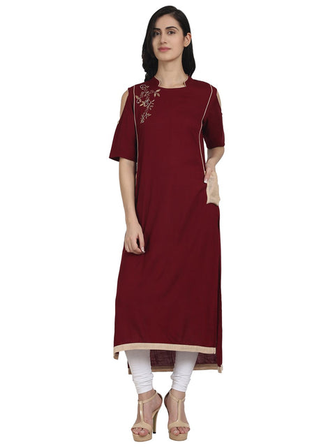 Nayo Women Maroon cotton cold shoulder half sleeve low high kurta with embridery work