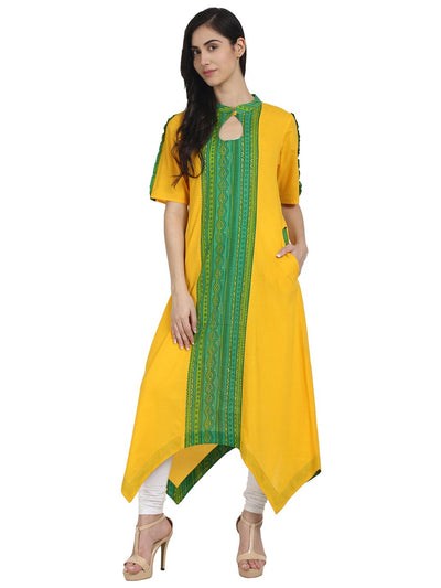 Nayo Women Yellow & Green printed half sleeve cotton assymetric A-line kurta