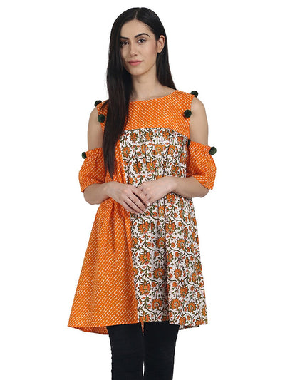 Nayo Orange printed cotton cold shoulder half sleeve pleated tunics
