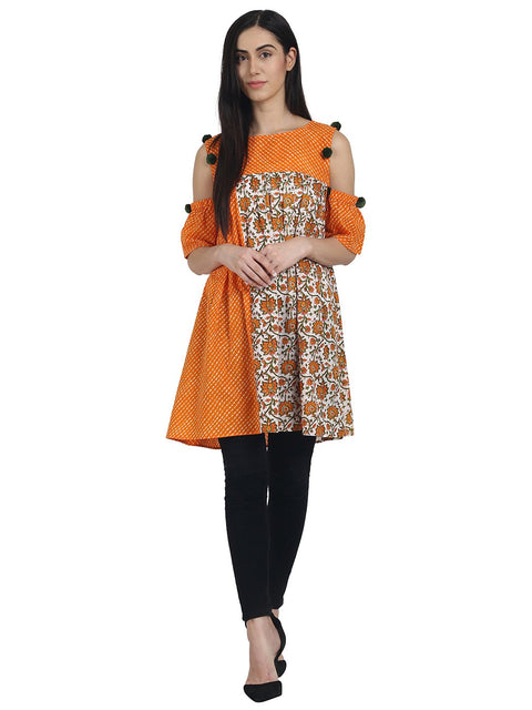 Nayo Orange printed cotton cold shoulder half sleeve pleated tunics