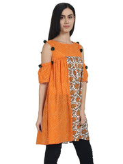 Nayo Orange printed cotton cold shoulder half sleeve pleated tunics
