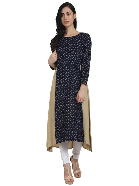 Nayo Women Navy Blue Printed rayon 3/4th Sleeve A-Line Kurta