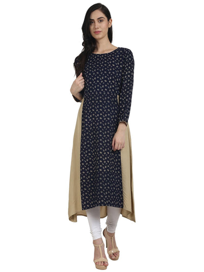 Nayo Navy Blue Printed rayon 3/4th Sleeve A-Line Kurta