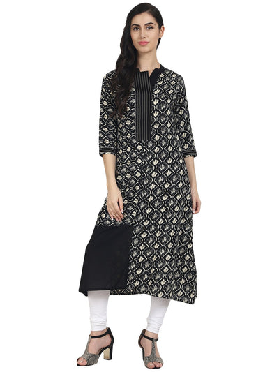 Nayo Women Black Printed cotton 3/4th Sleeve A-Line Kurta