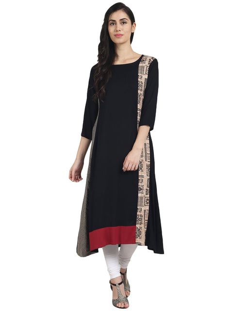 Nayo Black 3/4th Sleeve rayon Assymetrical A-line Kurta