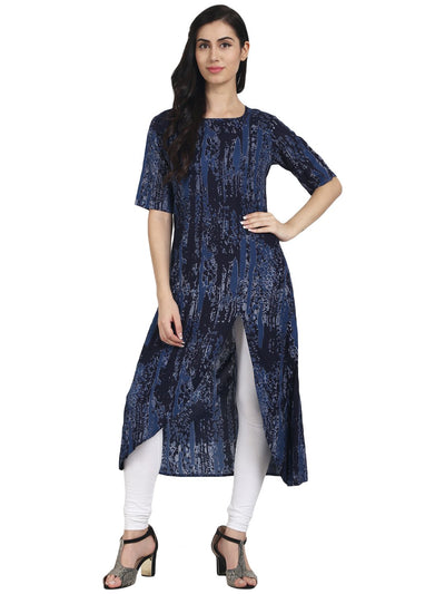Nayo Blue Printed half Sleeve cotton Kurta with front slit
