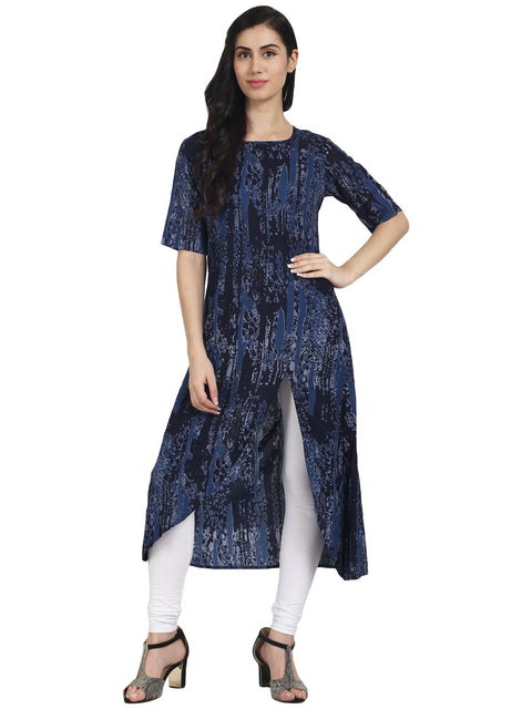 Nayo Blue Printed half Sleeve cotton Kurta with front slit