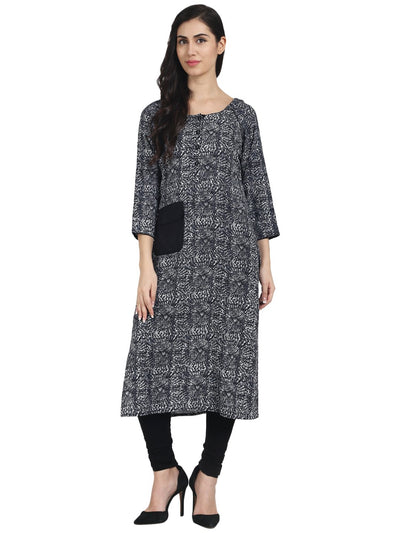 Nayo Women Black Printed 3/4th Sleeve rayon Kurta with 1 pocket