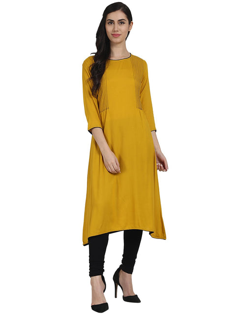 Solid Yellow 3/4th Sleeve rayon A-line Kurta with pleats work at yoke